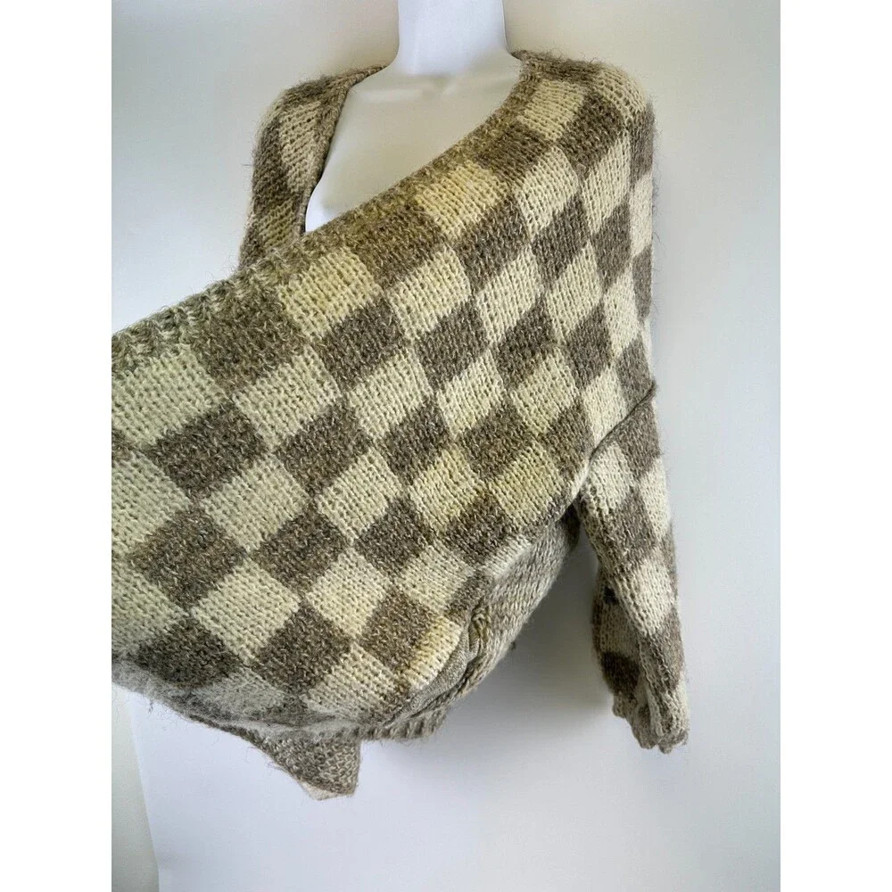 Grade And Gather Checkered Sweater Cardigan Open Chunky Heavy Knit Small Medium - Picture 7 of 16
